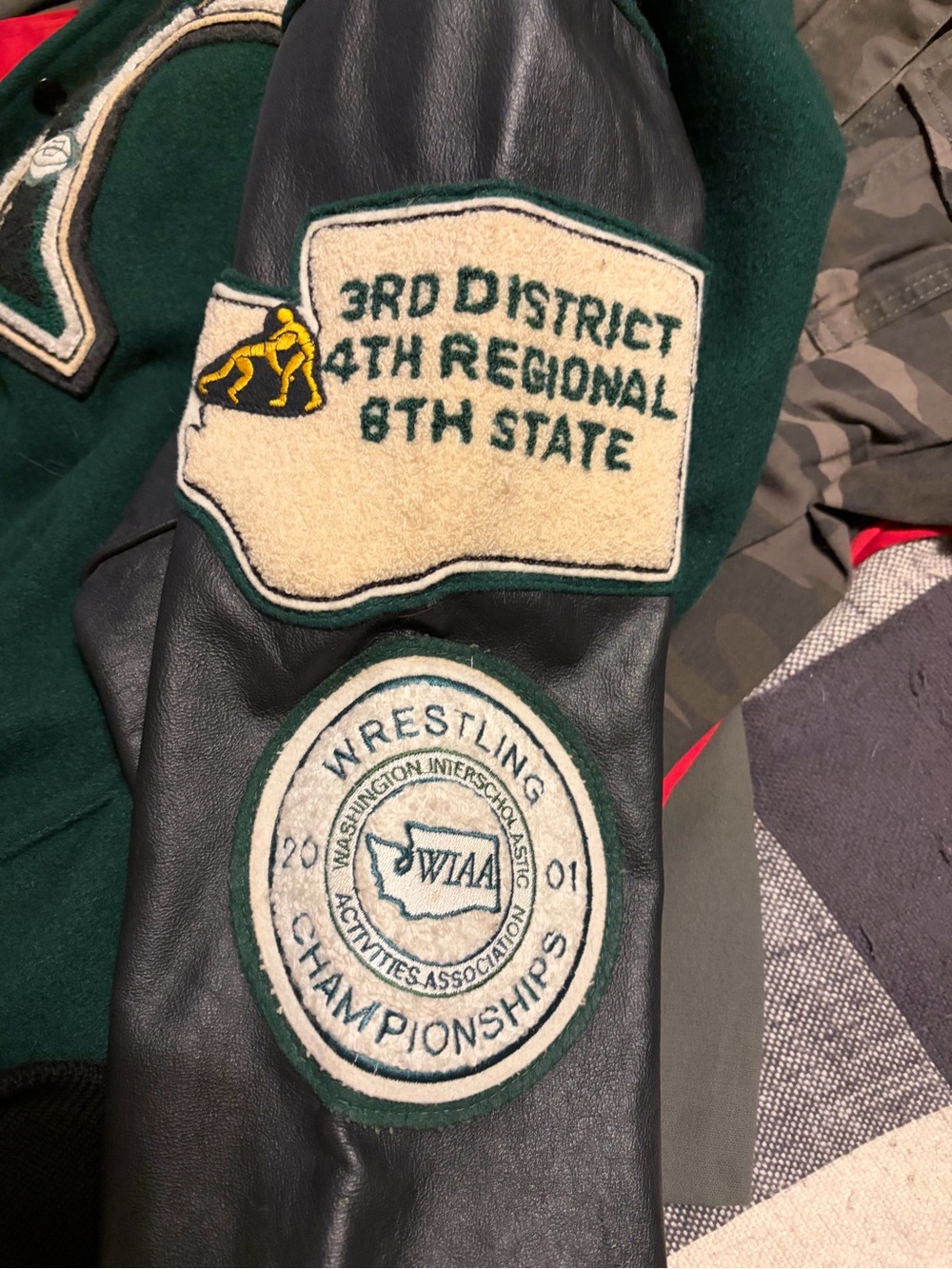 Dark Green & Black Varsity Letterman Jacket with Contrast Sleeves - Picture 4 of 6